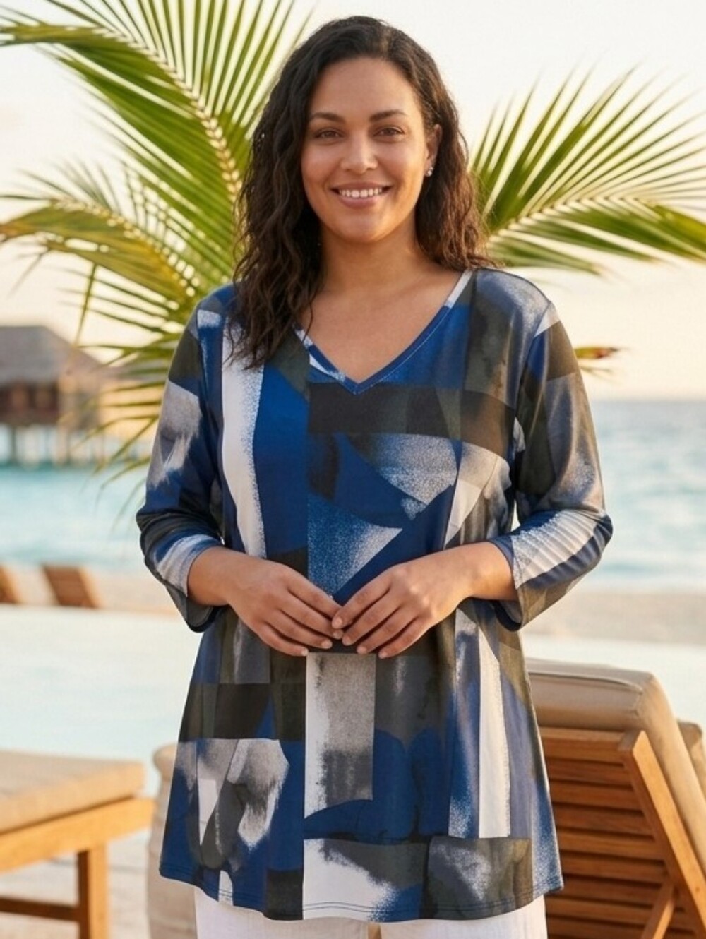 Sympli Canada Abstract Geometric V-Neck Tunic Top Size 16